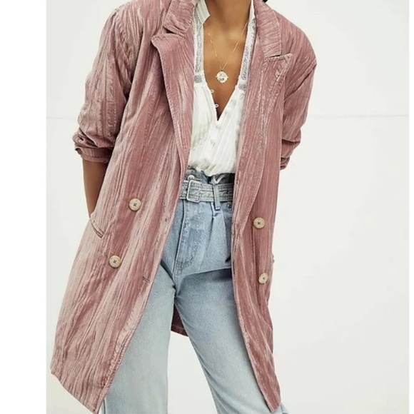 Free People Daria Crinkled Velvet Blazer Jacket, dusty pink, size S - Picture 2 of 16